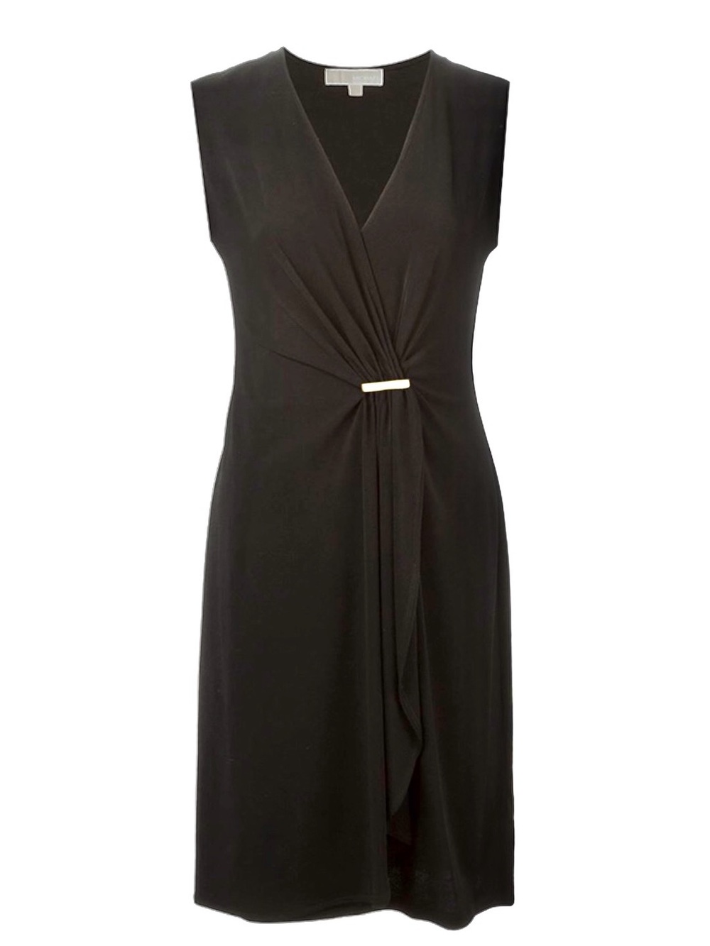 Michael Kors Black Sleeveless Surplice V-Neck Draped Midi with Silver Accent